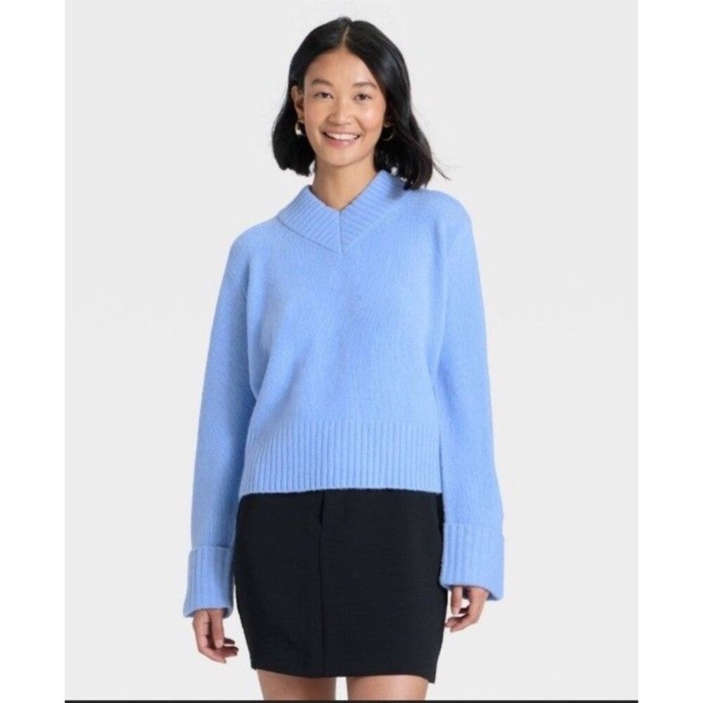 Women's Cozy Knit Boxy Pullover Sweater - A New Day Blue XS